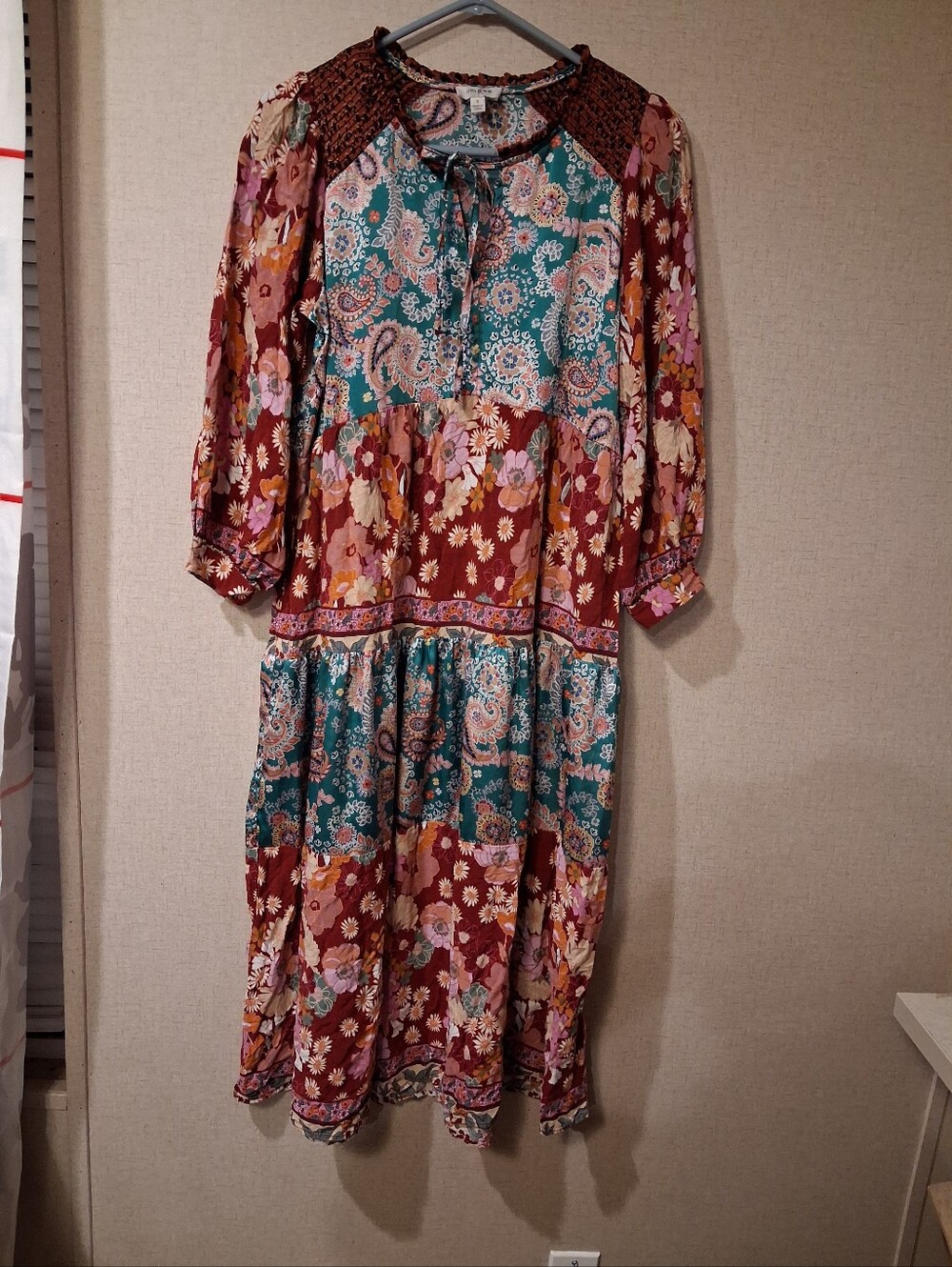 Umgee Boho Patchwork Midi Dress in Teal and Rust
